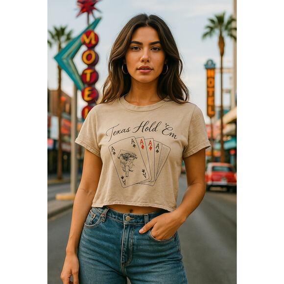 Originality Tops - Originality Cropped Tee Texas Hold Em Aces Women’s XL Tan Trendy Western Cowgirl
